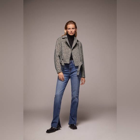 Zara Womens Wool Animal Print Asymmetrical Zip Belted Cropped Moto Jacket Size S - Picture 2 of 14